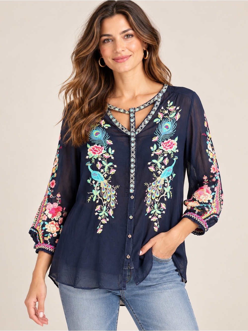 Johnny Was- Embroidered Peacock Floral Blouse – Size XS